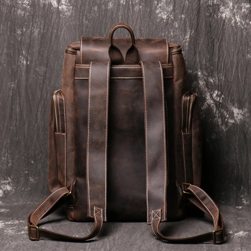 Men Retro Crazy Horse Leather Backpack Male Genuine Cow Bag Leather Backpacks Laptop Back Pack Large Outdoor Travel Cubes Bag