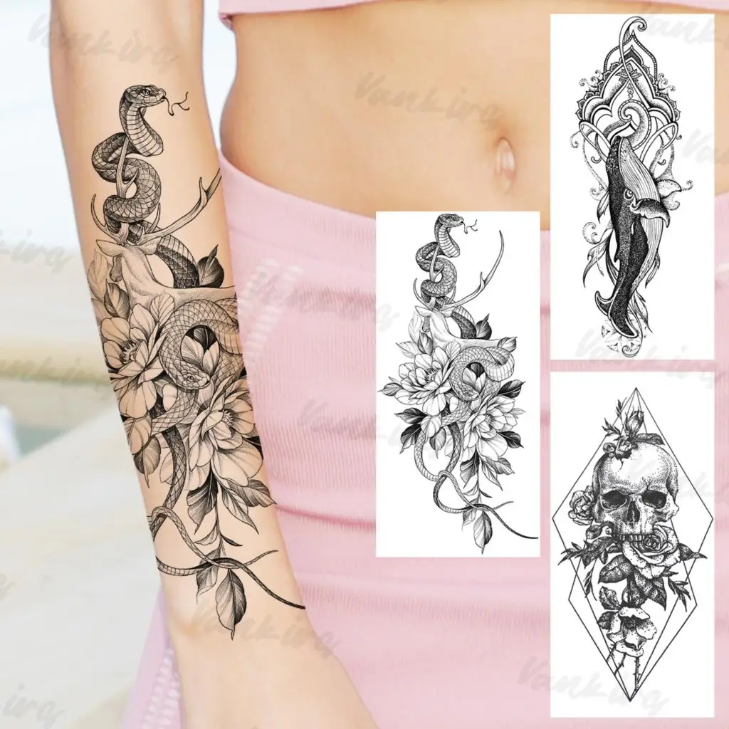 Flower Snake Temporary Tattoos For Women Girls Realistic Whale Geometric Skull Henna Fake Tattoo Sticker Forearm Back Tatoos 3D