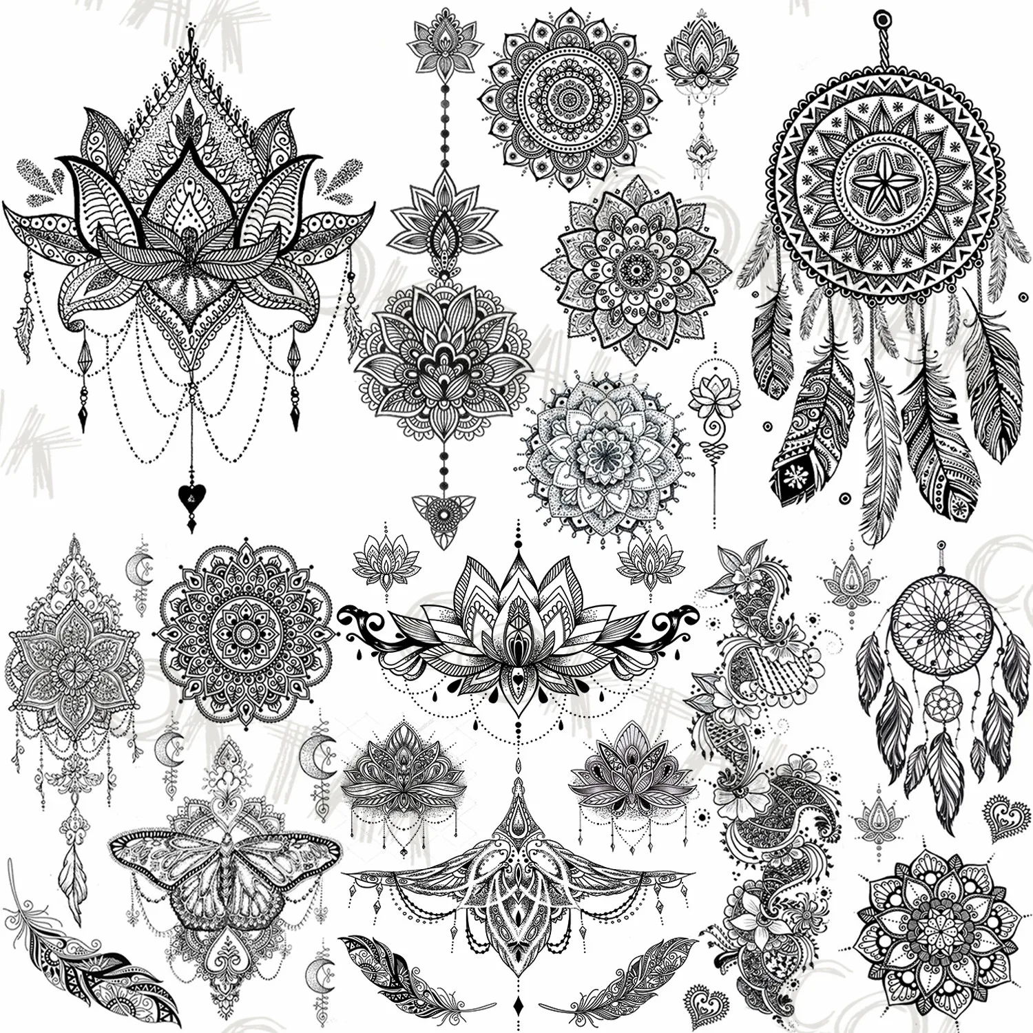 Sexy Black Henna Temporary Tattoos For Women Girls Body Art Decoration Fake Jewelry Chains Waterproof Mandala Flower Tatoos Kit