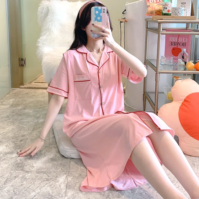 Summer maternity cotton nightgown postpartum woman lactation cardigan pajamas short-sleeved turn-down collar breastfeeding dress