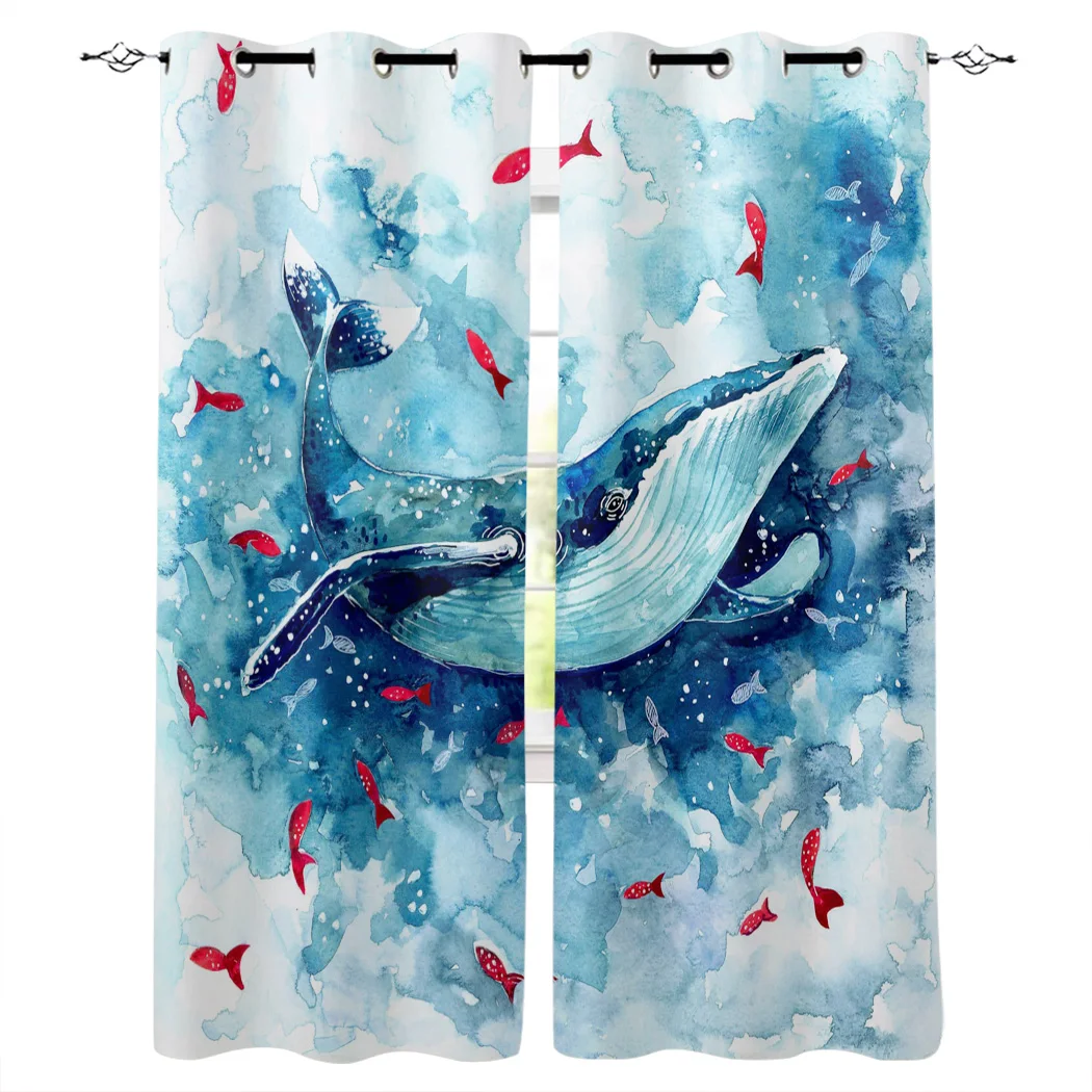 Blue Whale Red Fish Watercolor Window Curtains Living Room Curtain Home Decor