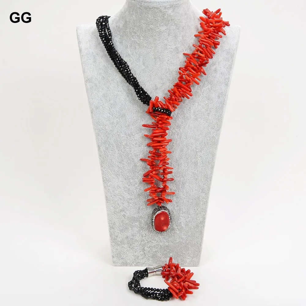 GuaiGuai Jewelry 22'' 5 Strands Red Coral Black Crystal Necklace Bracelet Set