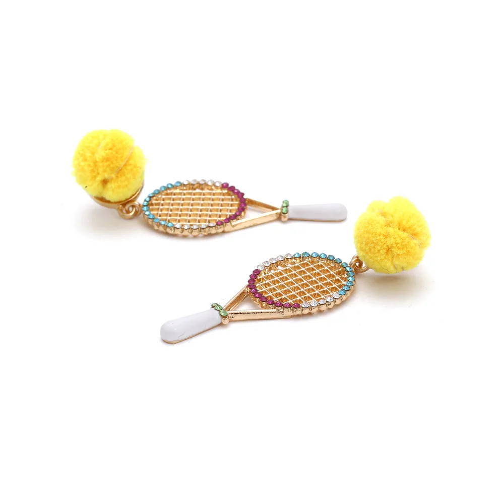 Fashion Creative Tennis Racket Statement Earrings 2021 New Woman Trend Hairball Ear Jewelry