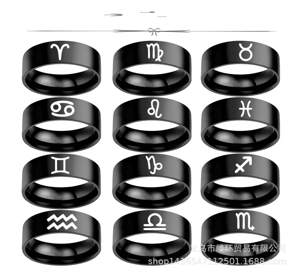 12 Constellations Zodiac Sign Finger Rings Women Girls Black Sliver Color Stainless Steel Ring