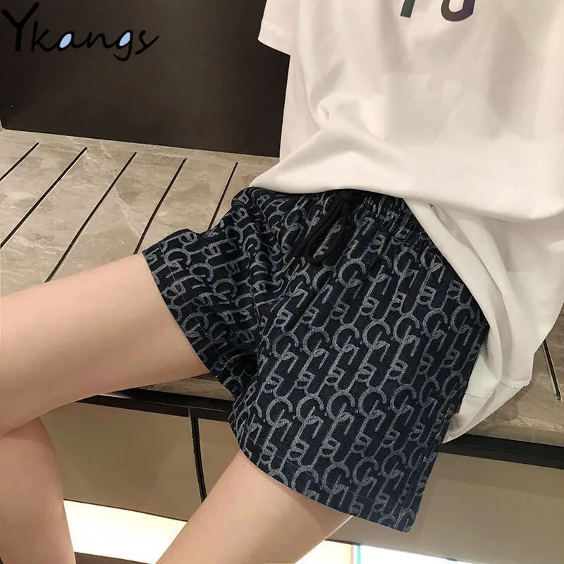 

Letter Print Elastic Waist High Waist Shorts Summer Casual Breathable Ladies Sports Shorts Korean Fashion Women Wide-leg Shorts