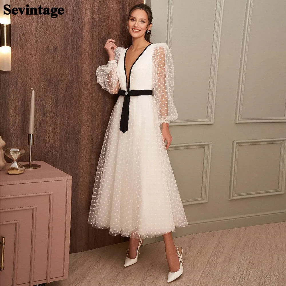 Sevintage Lange Puff Mouwen Midi Prom Jurken Stippen Ivoor Zwarte Avond Party Dress Thee-Lengte Formele Bruiloft Prom jassen