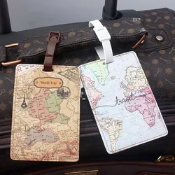 Etiqueta de equipaje de PU con mapa del mundo creativo, accesorios de viaje de alta calidad, soporte de identificación de maleta, etiqueta de embarque, etiqueta portátil