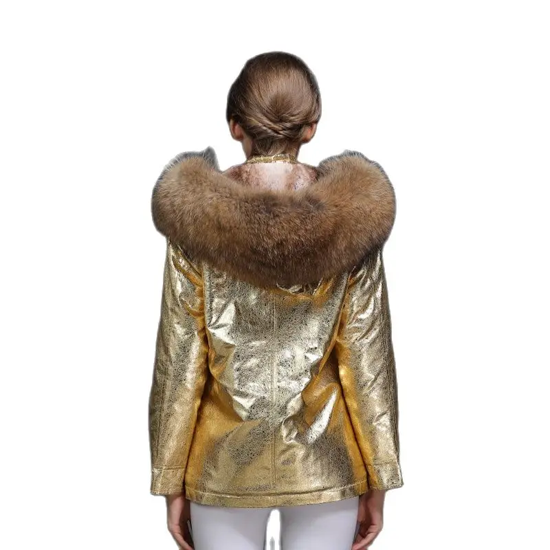 Golden Leather Short Fur Parka Natural Raccoon Fur Hoodies Mr or Ms Winter Down Fur Coat Wear