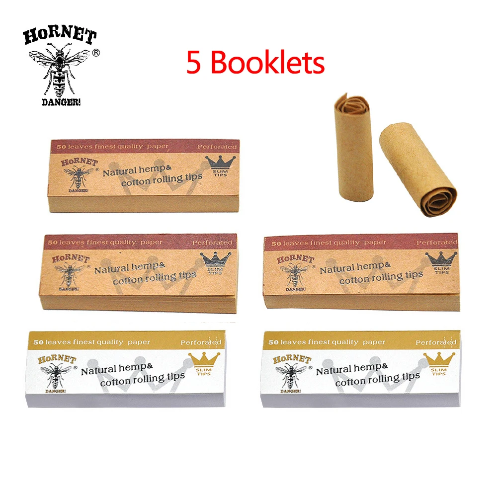 

250 leaves HORNET 5 Booklets Natural Cigarette Paper Tips Filter Rolling Smoking Cigarette Tobacco Paper Slow Burning Slim tip