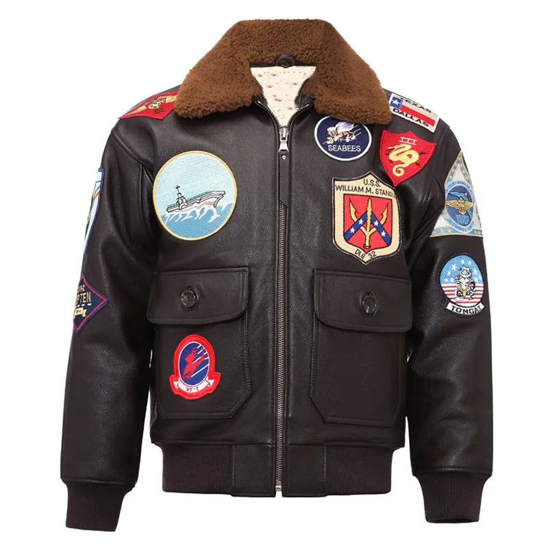 Dark Brown Military Style Pilot Leather Jacket Men Genuine Thick Natural Cowhide Winter Warm TOP GUN Aviation Coat