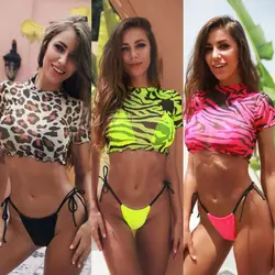 3PCS Women's Leopard Bikini Swimwear Swimsuit Bathing Beach Holiday Short Sleeve