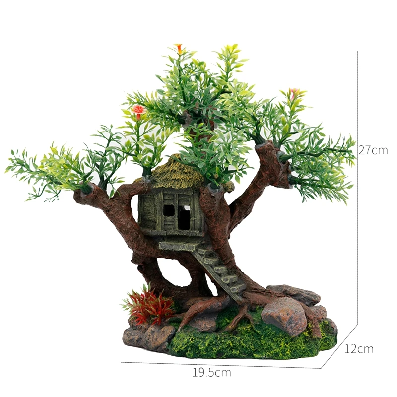 Aquarium Resin Decoration Fish Tank Tree House with Lifelike Details Hideout for Betta Fish Landscaping Accessories