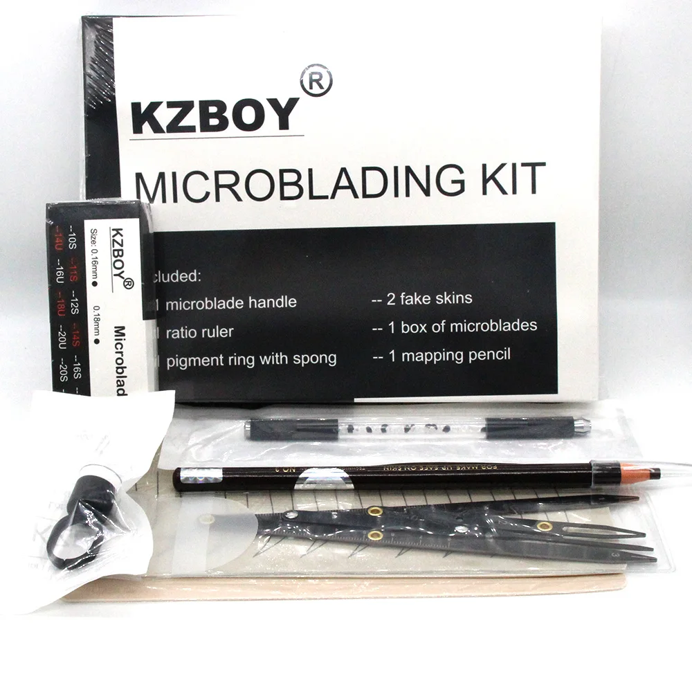 KZBOY جديد Microblading عدة للمبتدئين وشملت شفرات Microblading ، مقابض Microbladinng ، كوب الحبر ، وممارسة الجلد ونسبة