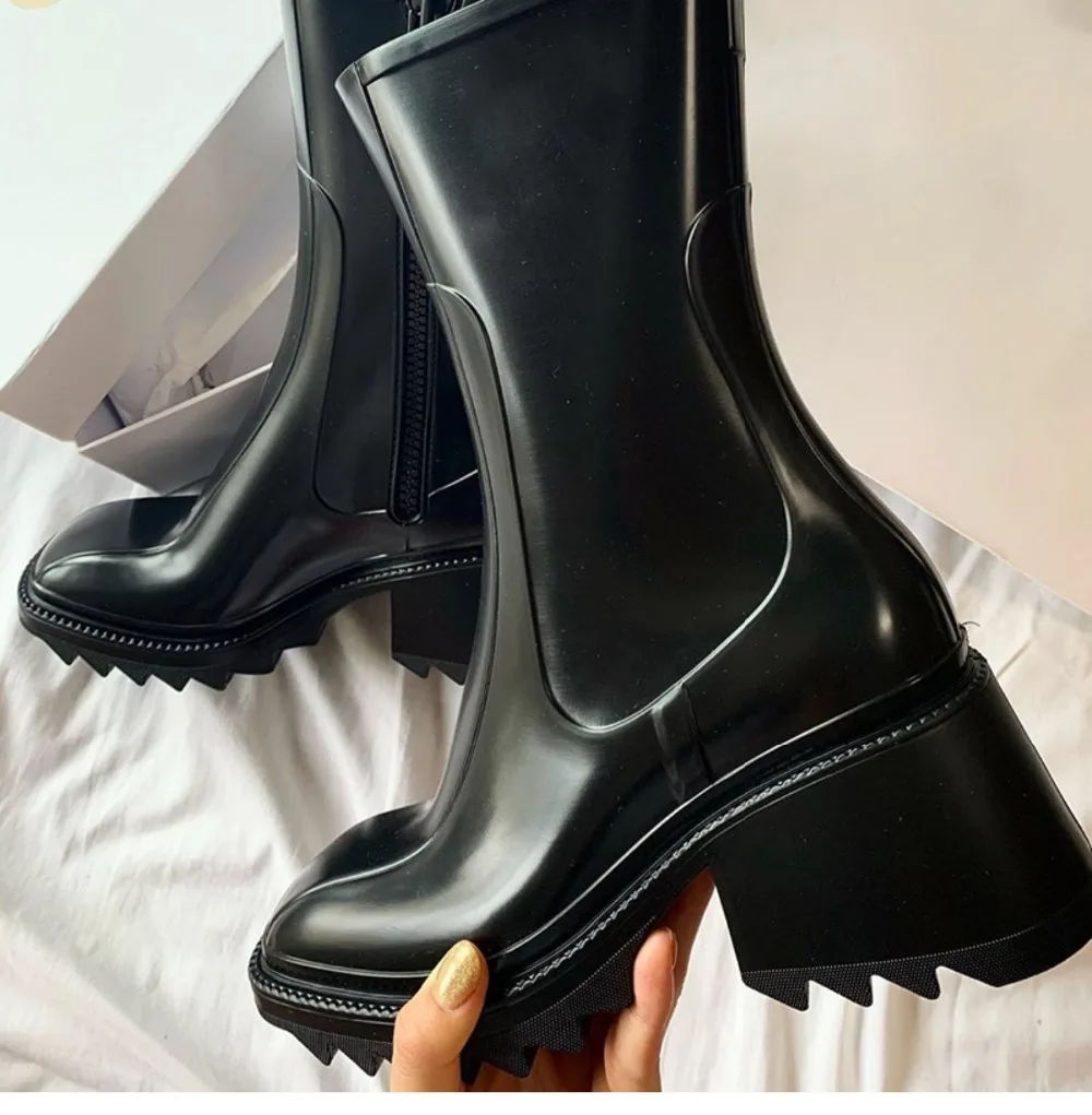 Platform Shoes Woman Chunky High Heels Square Toe Boots Woman Mid Calf Botas Mujer Ins Hot Zapatos De Mujer Rain Chelsea Boots