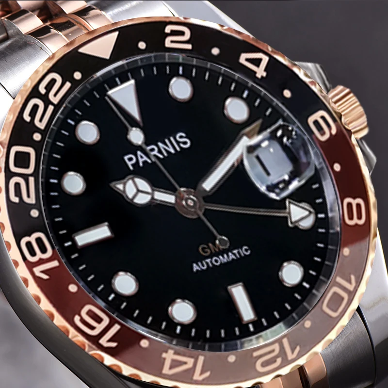 PARNIS Two Tone 40mm Rose Gold Root Beer Self Winding Men Watch Jubilee Bracelet Sapphire Crystal Screw Crown