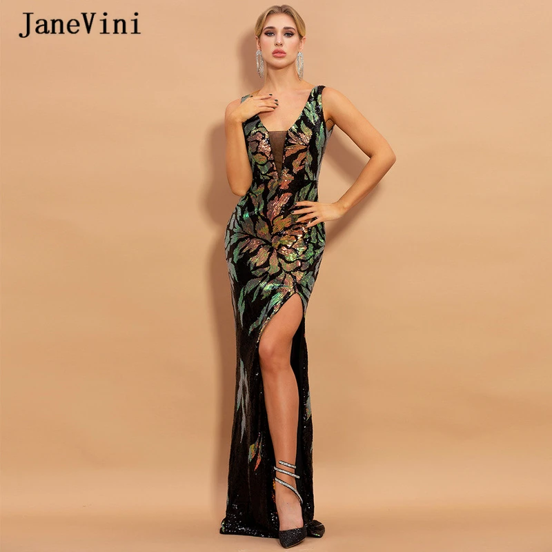 JaneVini-Vestidos de Noche largos de Dubái para mujer, Sexy, con cuello de pico profundo, lentejuelas de colores, lateral alto, abertura de sirena, formales para fiesta, 2020