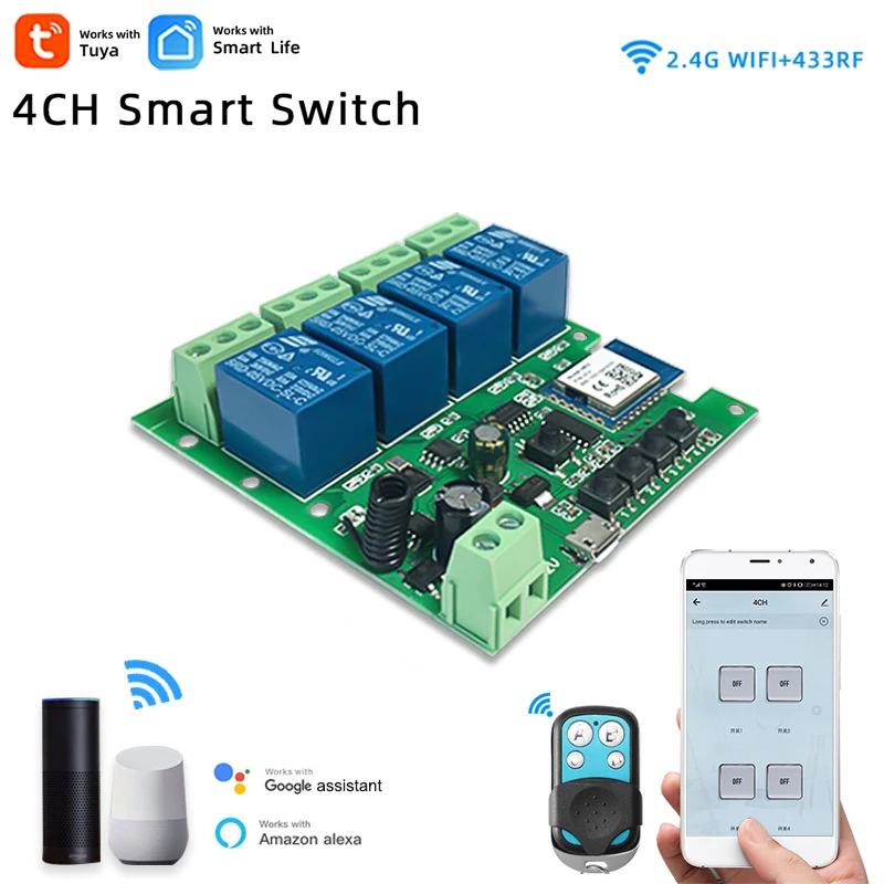 

Tuya Smart 4CH Wifi Motor Switch,DC 5V 12V 24V 32V,4 Channel Inching Relay,RF 433mhz Remote Module for Alexa Alice Google Home