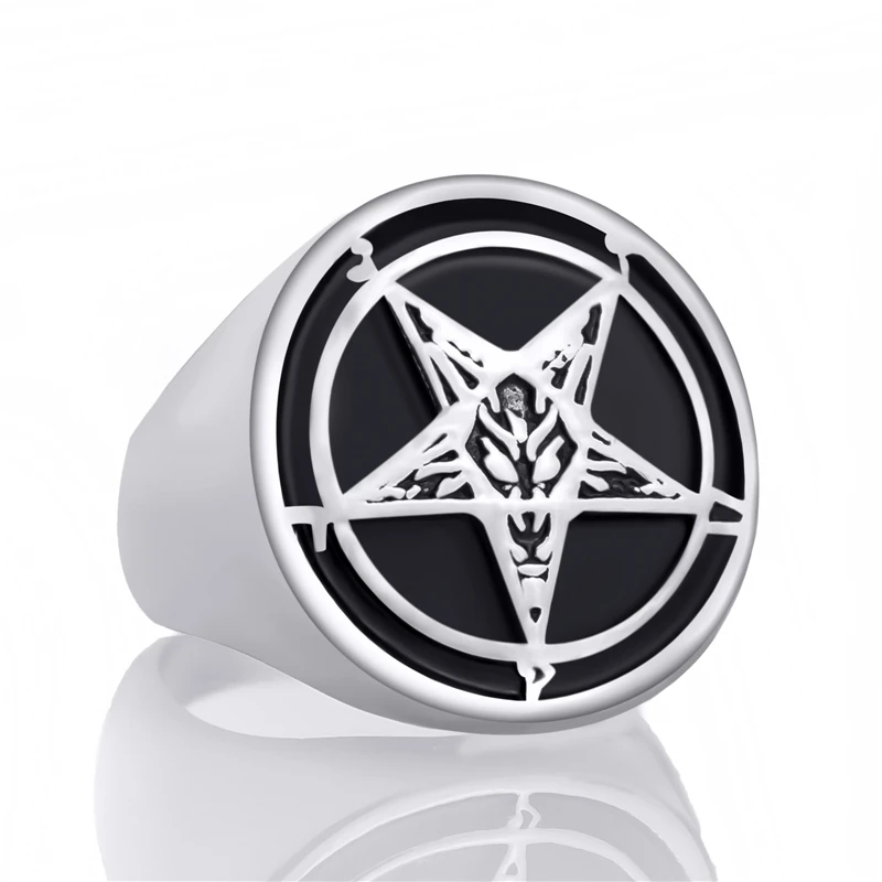 Elfasio Mens Gold Plated Satanic Baphomet Goat Pentagram Devil Stainless Steel Ring Vintage Symbol Jewelry Size 7-15