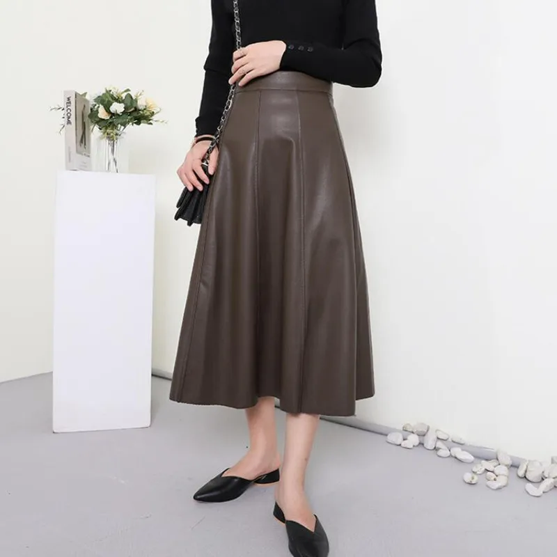 

2021 New Autumn French Solid PU Leather Skirt Women Elegant High Waist Office OL A-Line Large Swing Skirts Faldas Mujer s1541