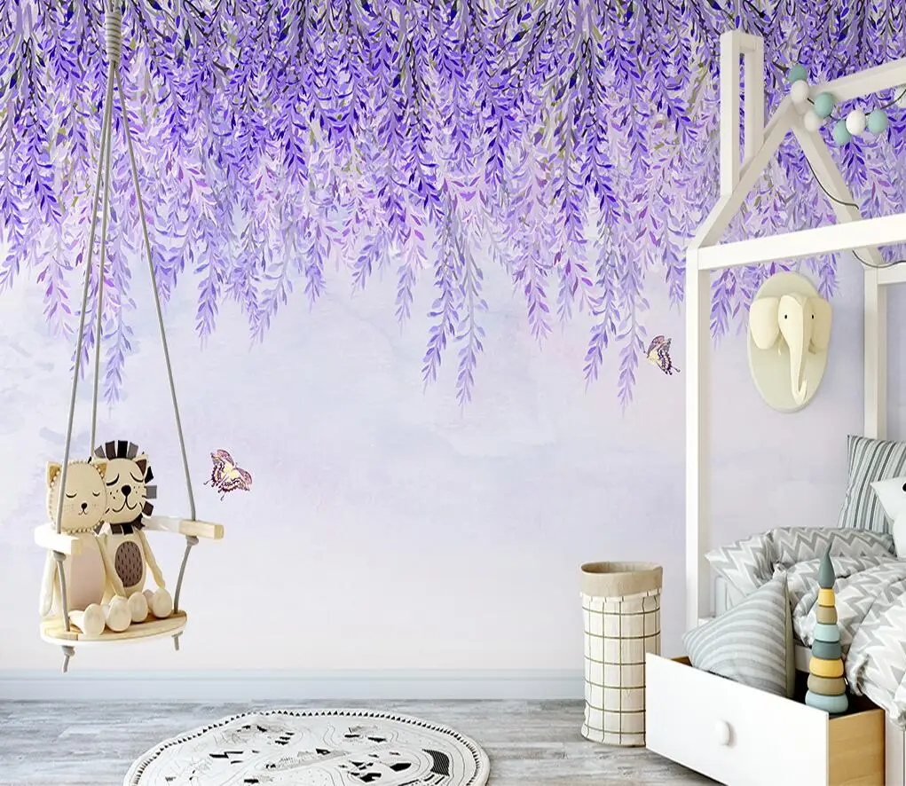 

beibehang Custom Watercolor wisteria flowers and butterflies Mural Wallpaper Landscape Oil Painting Large Decoration Living Room
