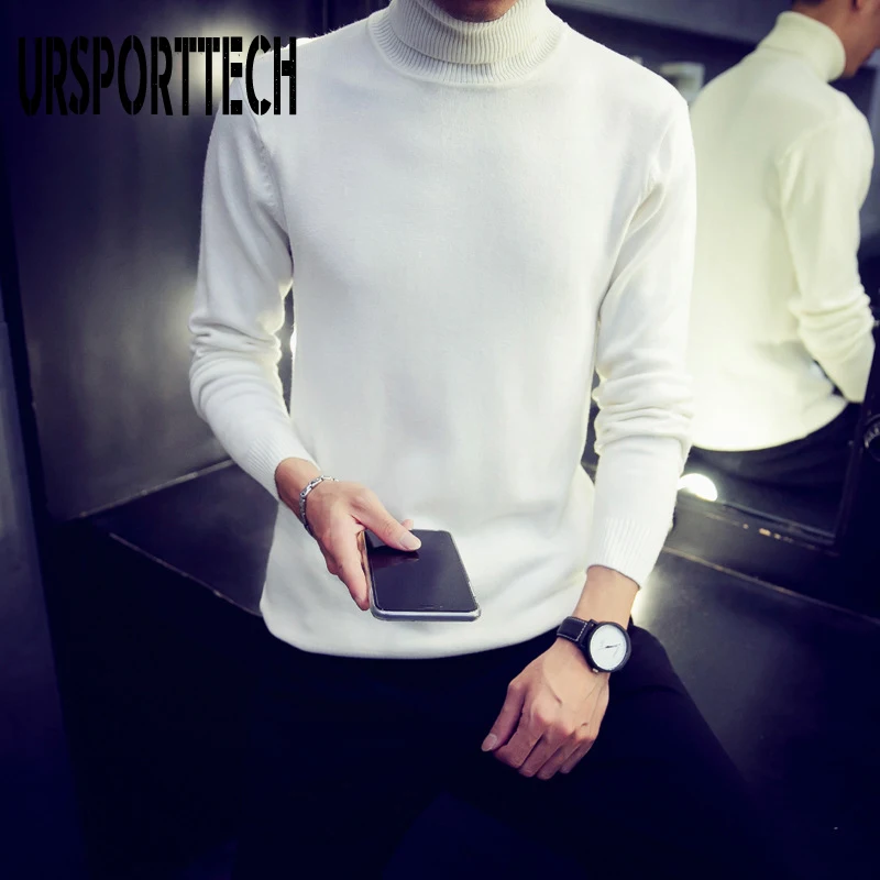 URSPORTTECH Turtleneck Mens Sweaters Wool Pullover Sweater Male Oversized Turtle Neck Men Sweter Pull Jumper Korean Style White