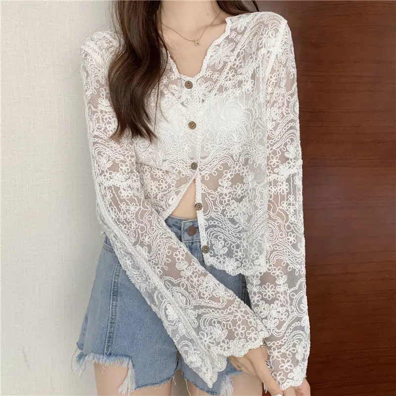 Shirt Women Lace Summer Sun-proof Simple Sexy Female Clothing Sheer Tops Preppy V-Neck Casual Trendy Harajuku Basic Korean New