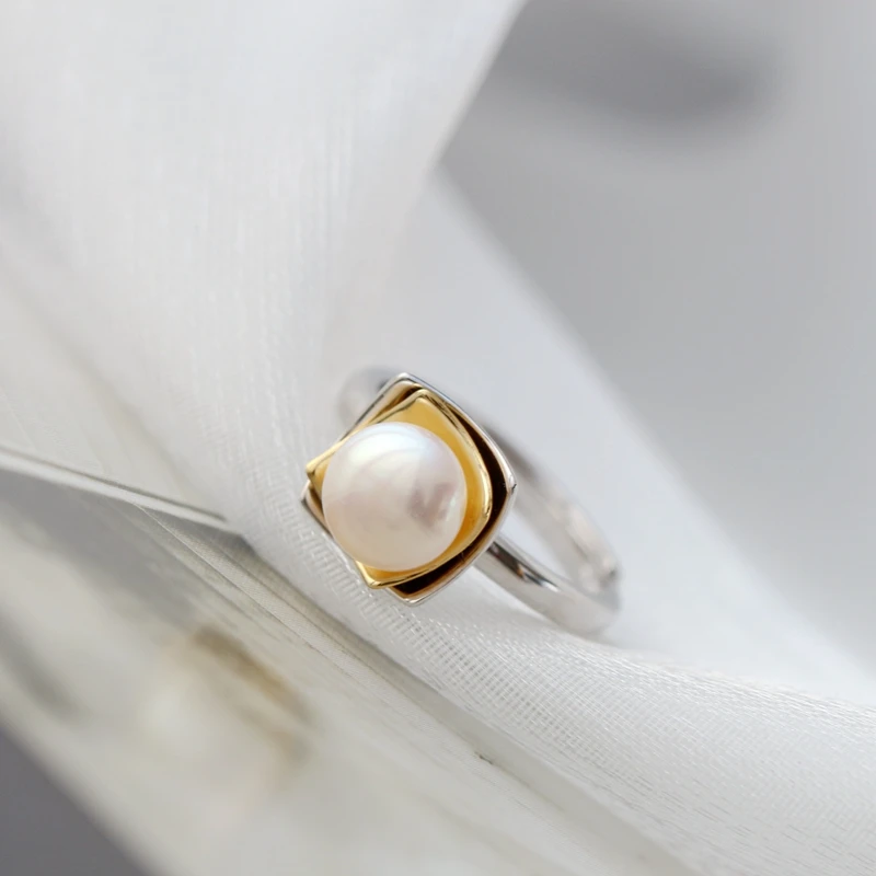 Authentic 925 Sterling Silver Fashion 8mm Natural Pearl Opening Adjustable Rings For Women Fine Jewelry Christmas Gift