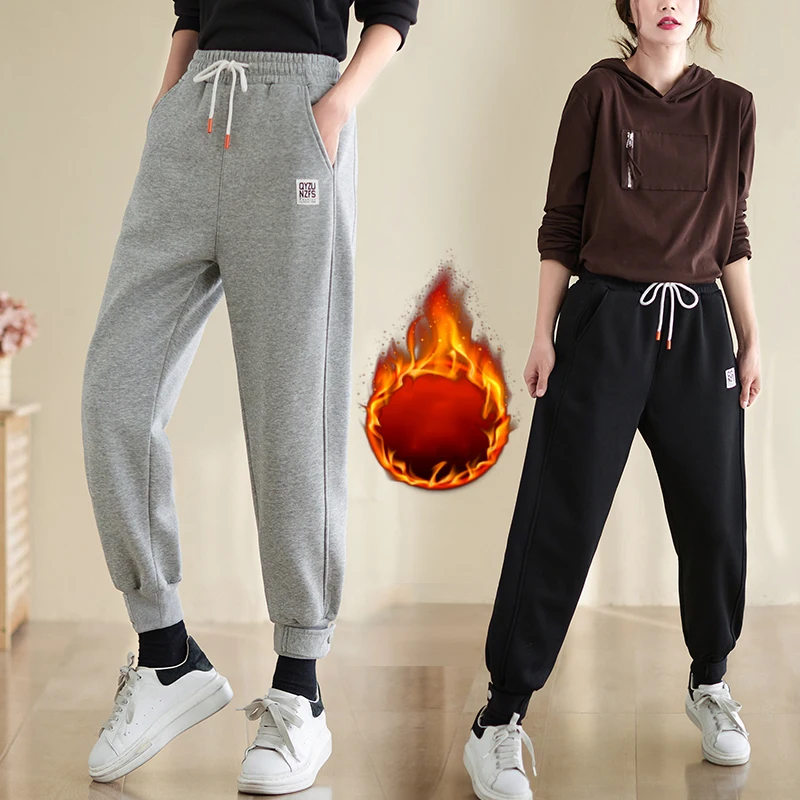 

6575 Winter Women Fashion Sweatpants Sports Slim Fit Stretch Keep Warm Fleece Thicken Cotton Natural Waist Harem Trousers Female