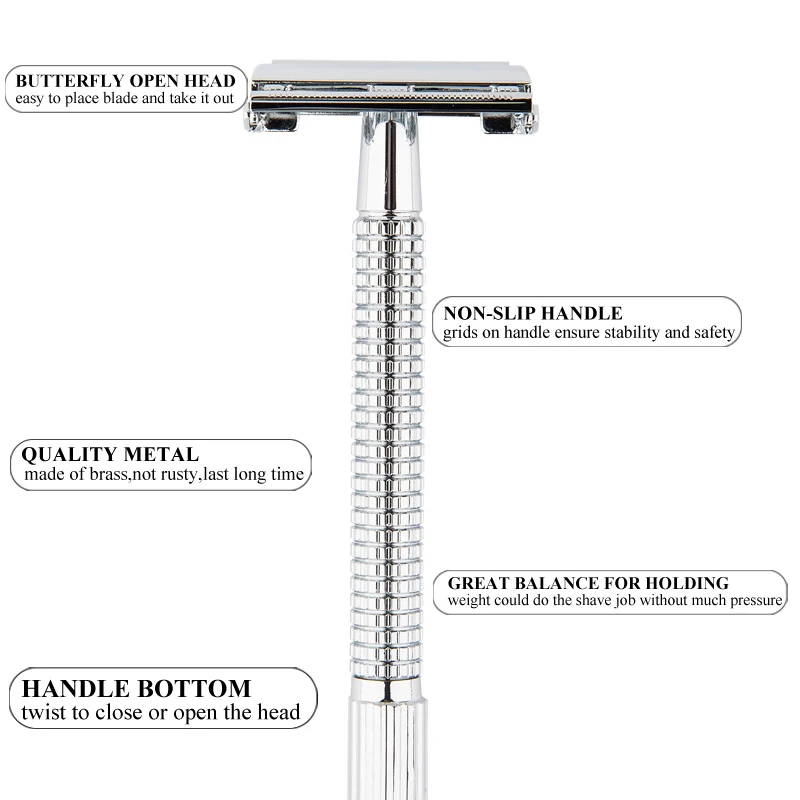 1 Razor Schmetterling Öffnen Lange Griff Männer Sicherheit Rasiermesser Chrom Doppel Rand Rasierer Messing Beschichtung Griff Rasiermesser