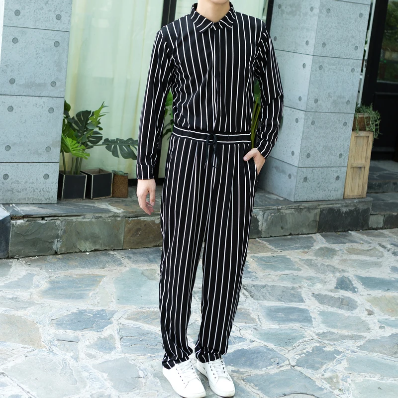 Spring and Autumn New Korean version of the tide men vertical stripes jumpsuit tooling jumpsuit large size jumpsuit elastic wais