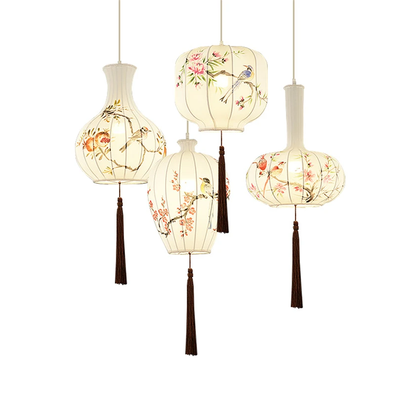 Chinese hand painted fabric lantern pendant lights restaurant hot pot shop tea room foyer lights hanging study decor lighting