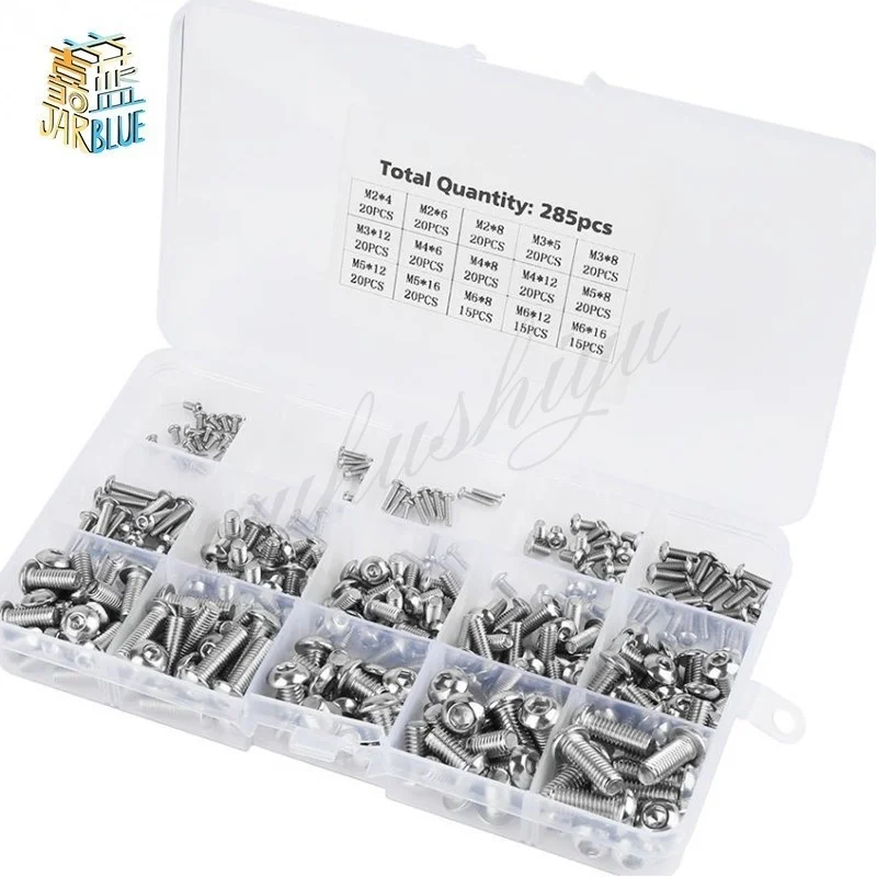 

285pcs M2 M3 M4 M5 M6 ISO7380 Hexagon Hex Socket Head Button Allen Bolt Screw Kit