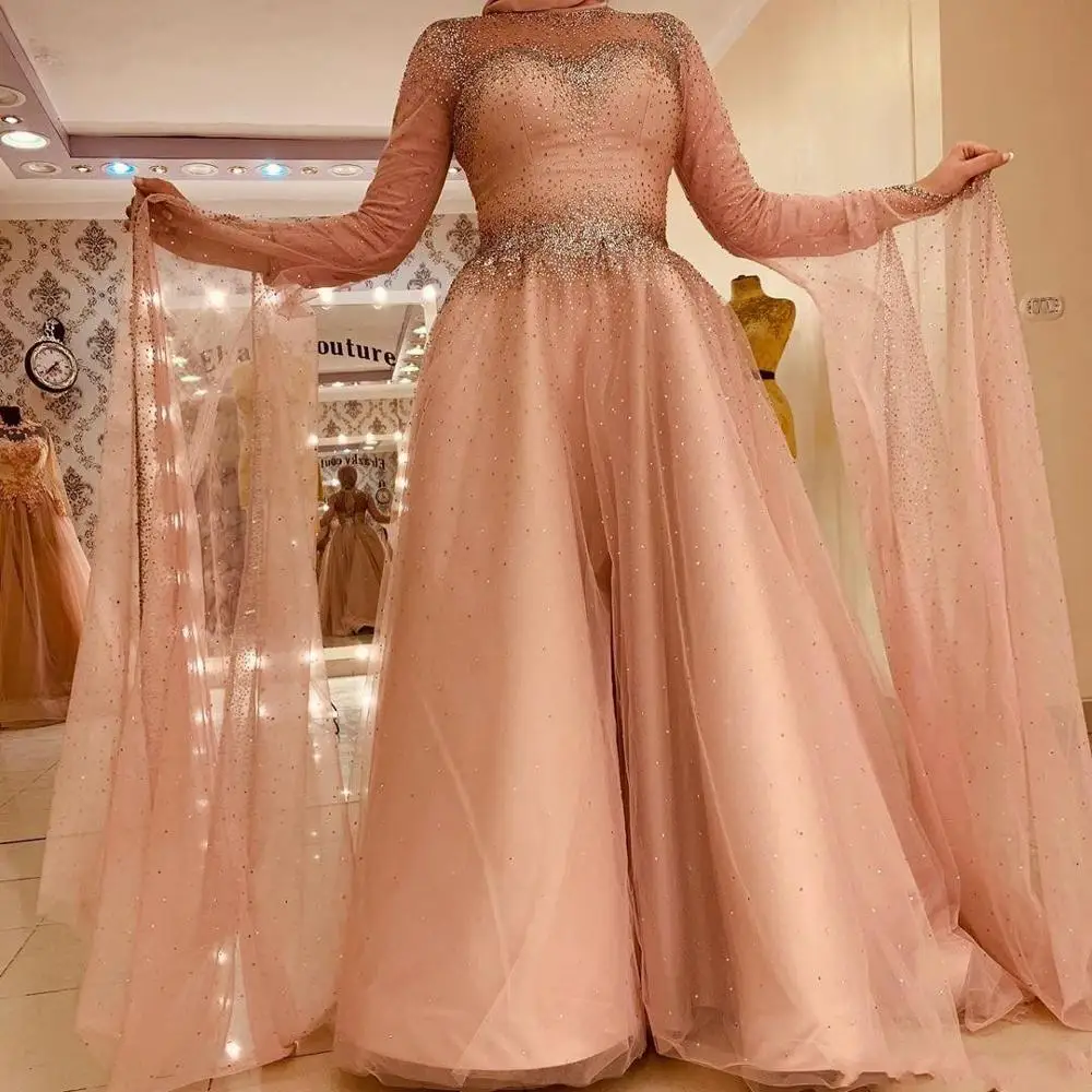 Vestidos Beaded Crystal Pink Muslim Evening Dresses 2025 Robe de Soiree Long Prom Dress Saudi Arabic  Celebrity Party Night Gown