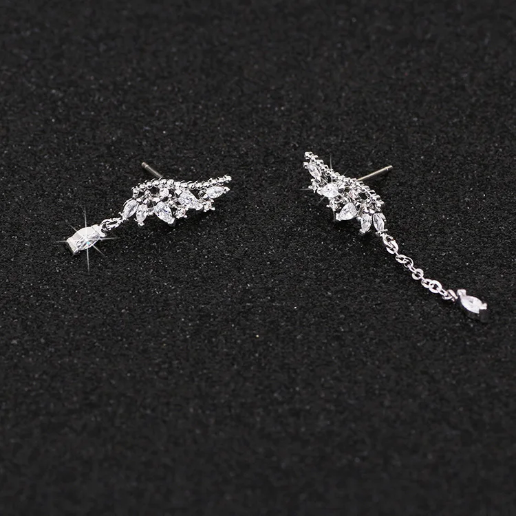 925 Sterling Silver Asymmetric Crystal Wings Drop Earrings For Women Fashion Jewelry Lady Statement Earrings Pendiente