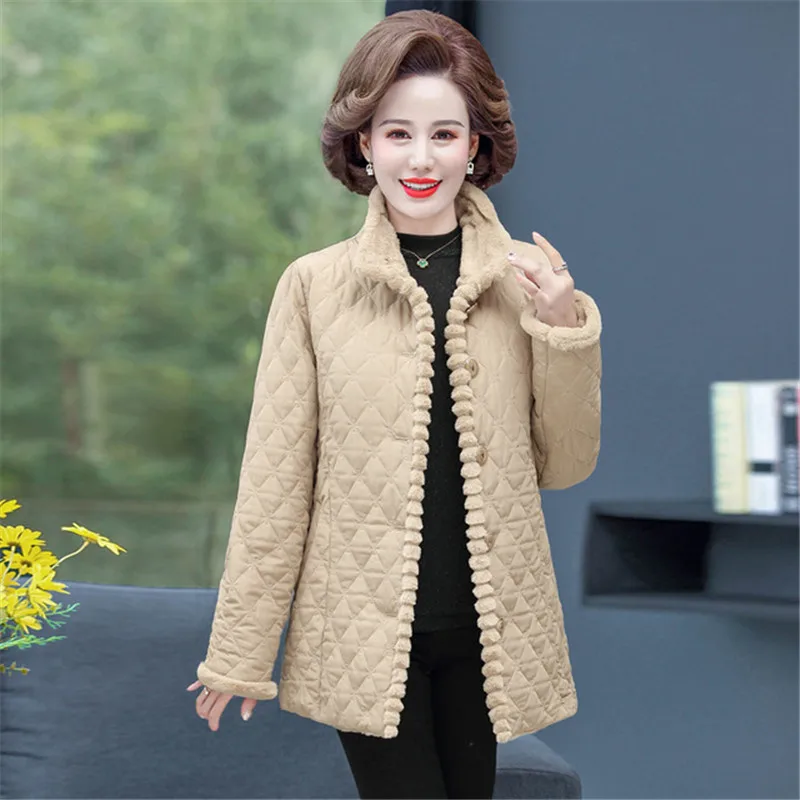 OKXGNZ Winter Jacket Plus Velvet Padded Coat Middle-Aged Women Stand-up Collar Wadded Jackets Thick Warm Short Outwear KW400