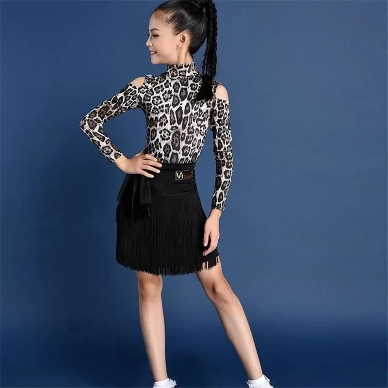 Girls Dance Costumes Dancer Dress For Women Latin Cha Cha Tassel Skirt Long Sleeve Leopard Print Patchwork Top Stage Performance