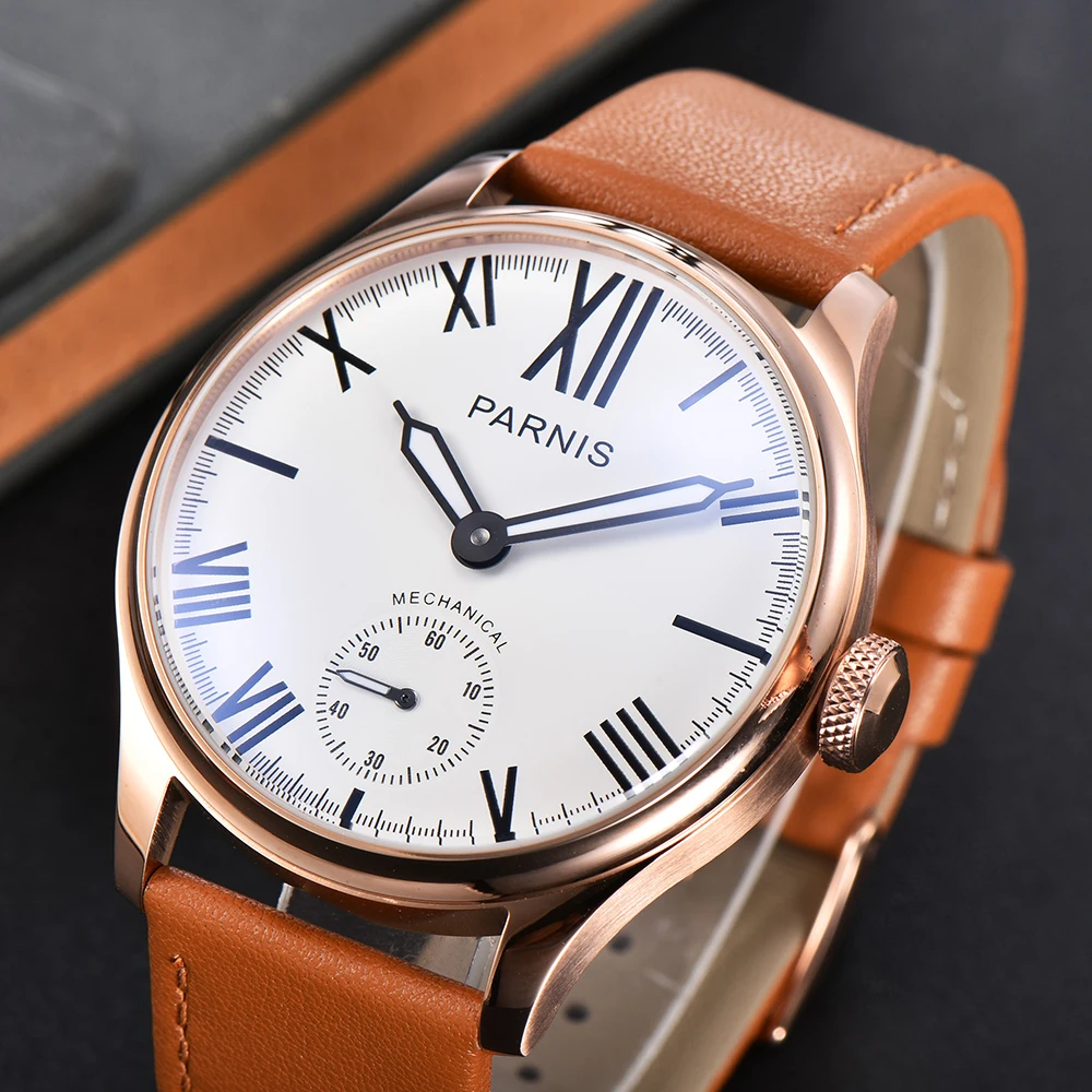 

Fashion Parnis 44mm Rose Gold Hand Winding Mechanical Men Watches Leather Strap Hand Wind Men's Watch Top Luxury Brand 2023 Gift