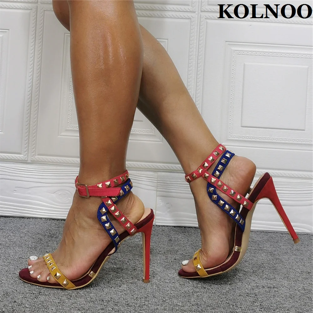 

Kolnoo New Classic Handmade Womens High Heel Sandals Mixed-Colors Rivets Spikes Sexy Evening Party Prom Fashion Daily Wear Shoes