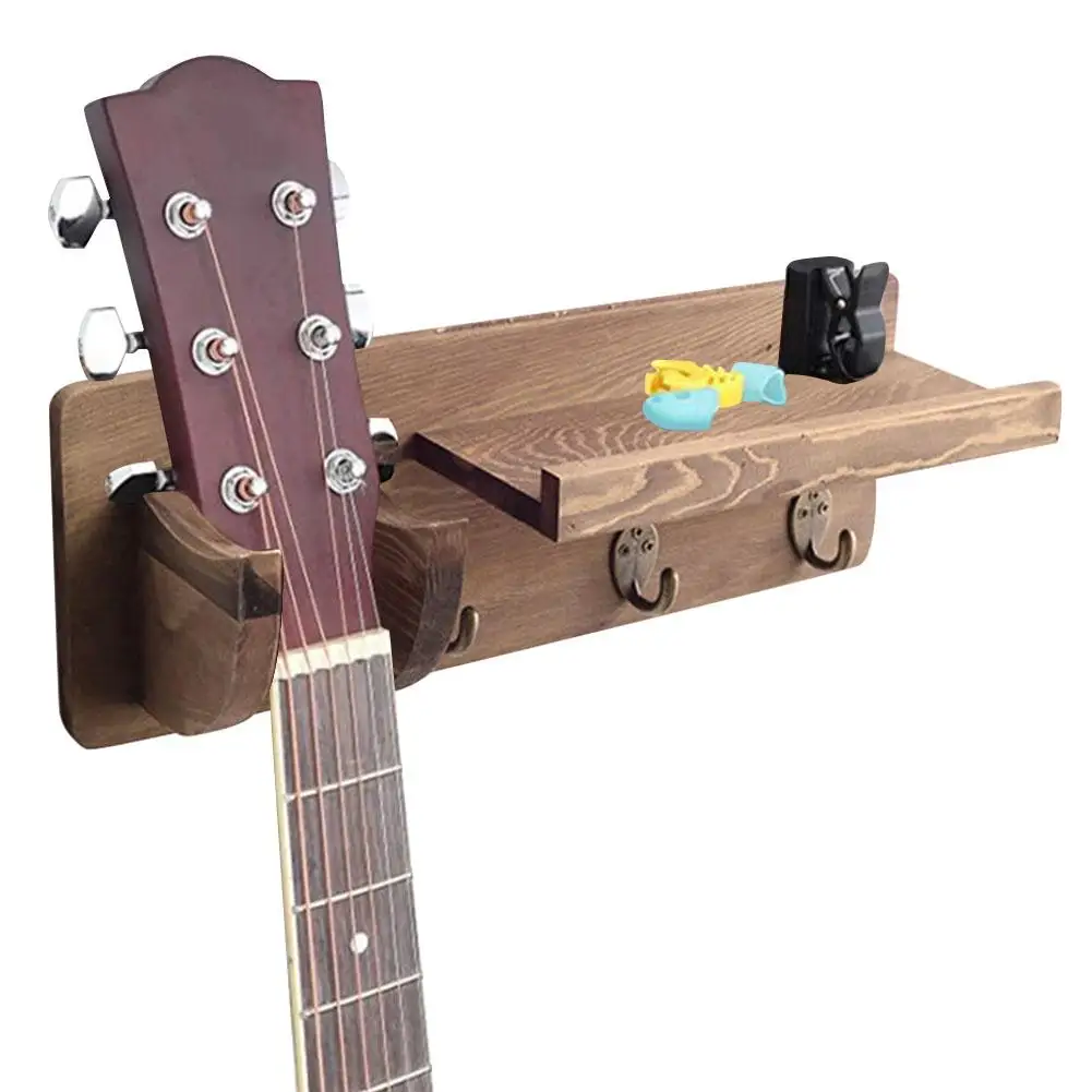 Guitar Holder Wall Mounted Guitar Bracket Wooden Hanging Rack Space Saving Guitar Hanger With Pick Holder And 3 Hook Dropship