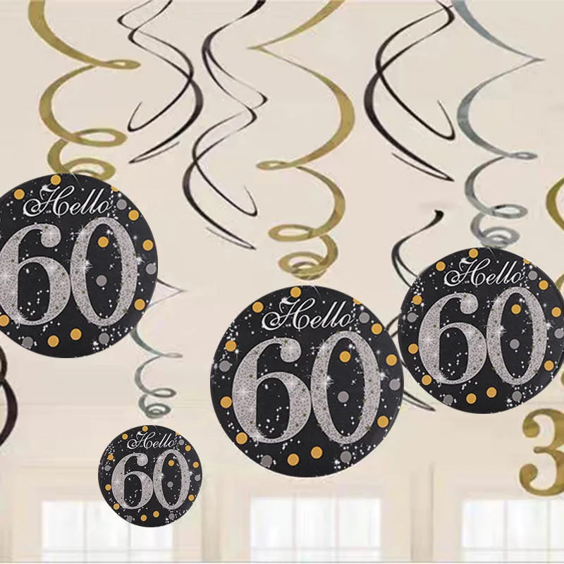 6pcs 60Years Birthday Decoration Happy Birthday 30 40 50 60 70 Years Old Spiral Hanging Ornaments Birthday Party Decorations