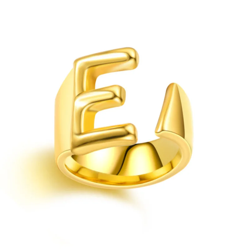 Hollow A-Z Letter Gold Color Stainless Steel Adjustable Open Ring Initials Name Alphabet Female Party Chunky Wide Trendy Jewelry