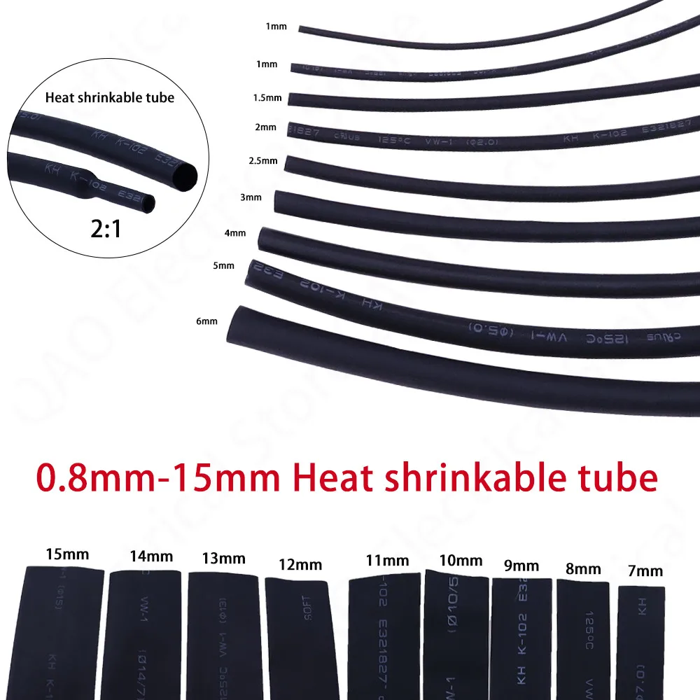 5 /1 METER/LOT BLACK 1mm 1.5mm 2mm 2.5mm 3mm 3.5mm 4mm 5mm 6mm Heat Shrink Tubing Tube