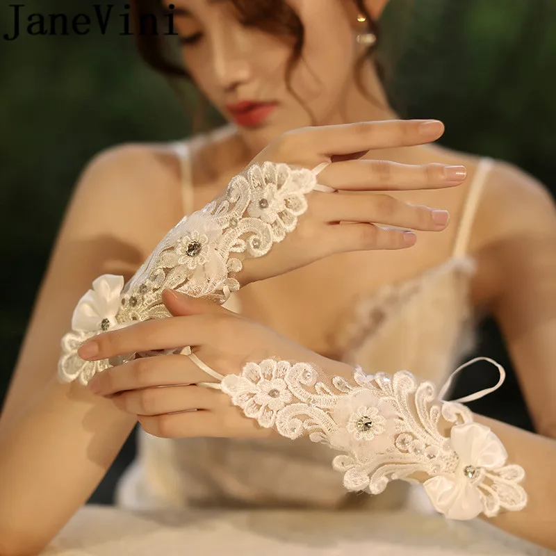 Janevini Seksi Renda Sarung Tangan Pengantin Wanita Beaded Bow Putih Pengantin Pernikahan Sarung Tangan Pendek Berlian Imitasi Appliques Pesta Witte Handschoenen