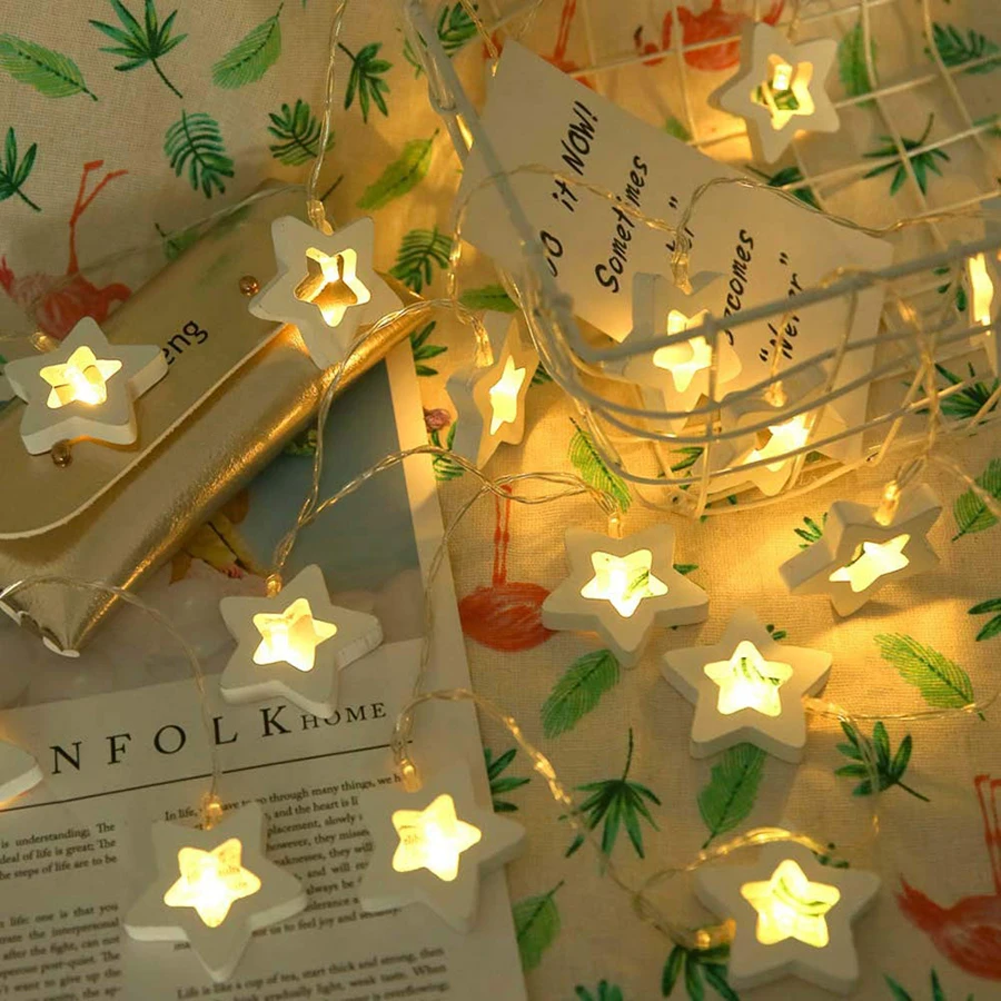 

1M 2M 3M Wood Star Shaped LED Fairy String Lights Battery Operated Holiday Christmas Tree Party Wedding Decoration Fairy Lights