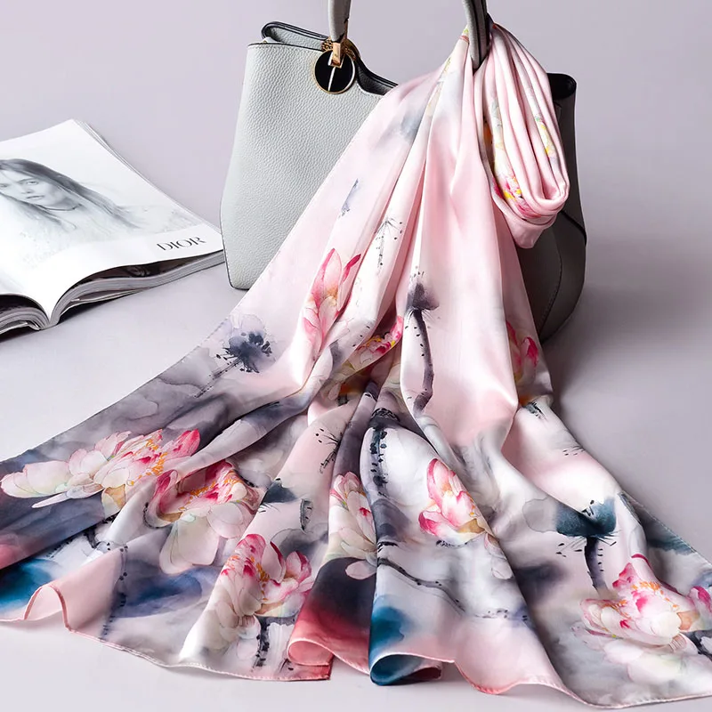 Women 100% Real Silk Long Scarf Luxury Flower Print Chinese Silk Headband Scarves Natural Silk Shawls Wraps Foulard Femme