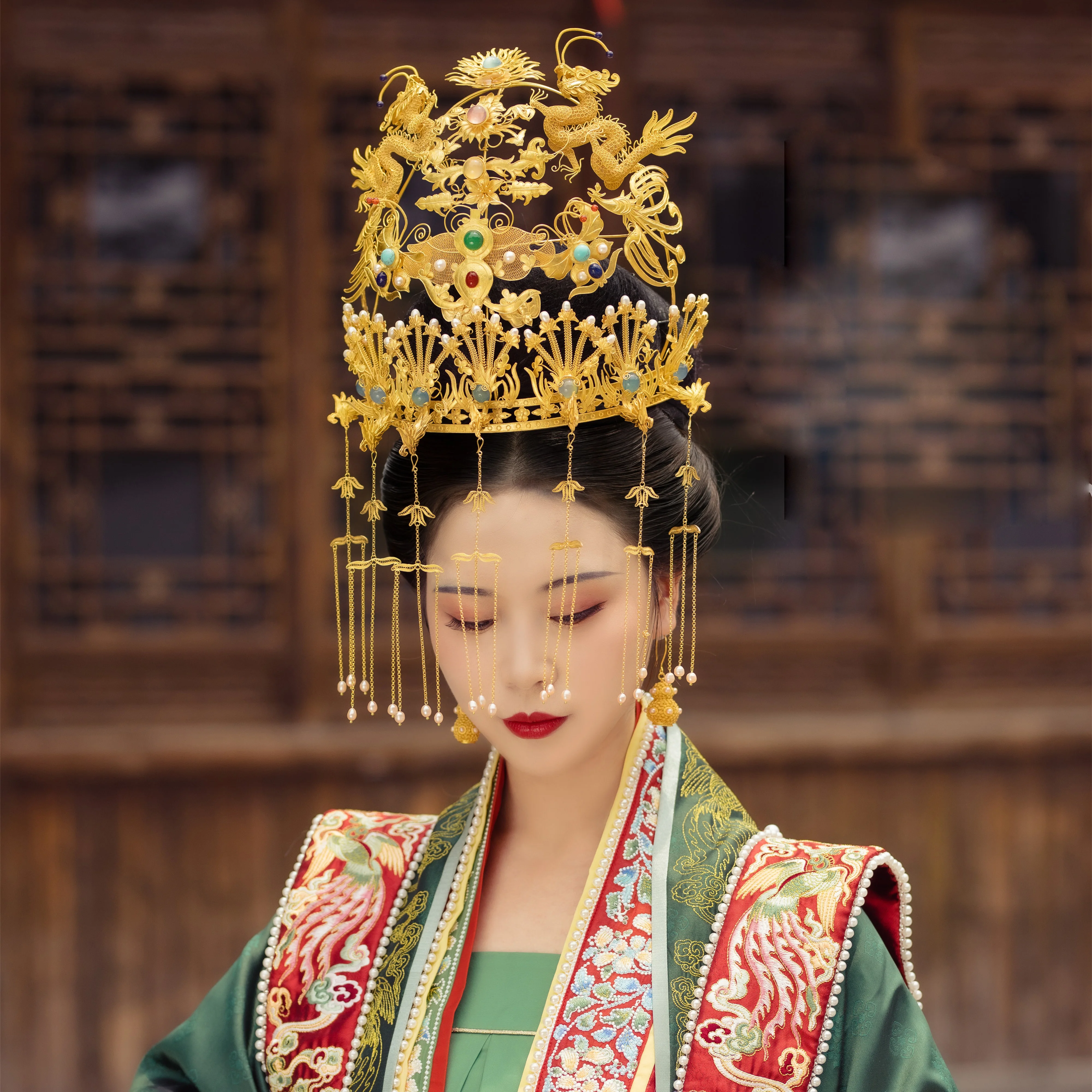 LYZ Gold Plated 999 Pure Silver Hand Carved Hair Tiara Ming Dynasty Empress Princess Wedding Phoenix Crown Cultural Heritage