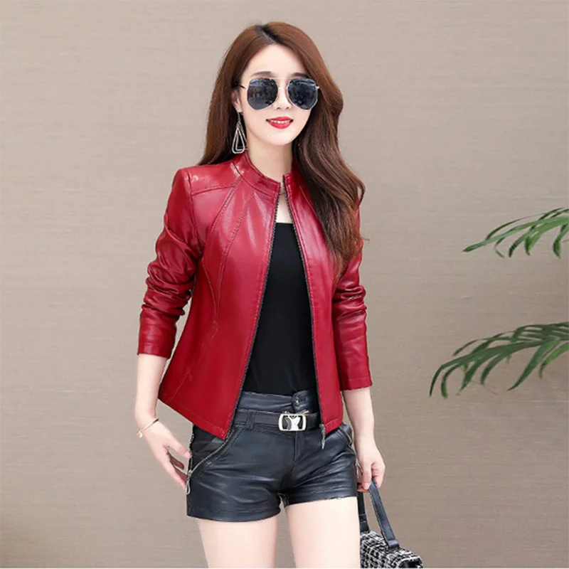 2022 New autumn winter leather women's short paragraph collar Korean slim leather jacket small overcoat