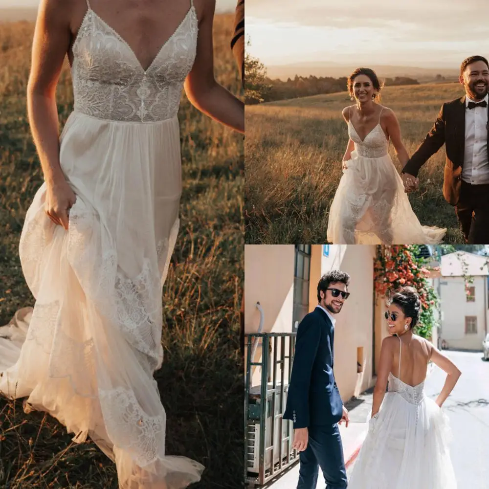 Vintage Boho A Line Wedding Dresses Sexy Spaghetti Appliques Wedidng Dress Lace Backless Bride Gowns robes de mariée