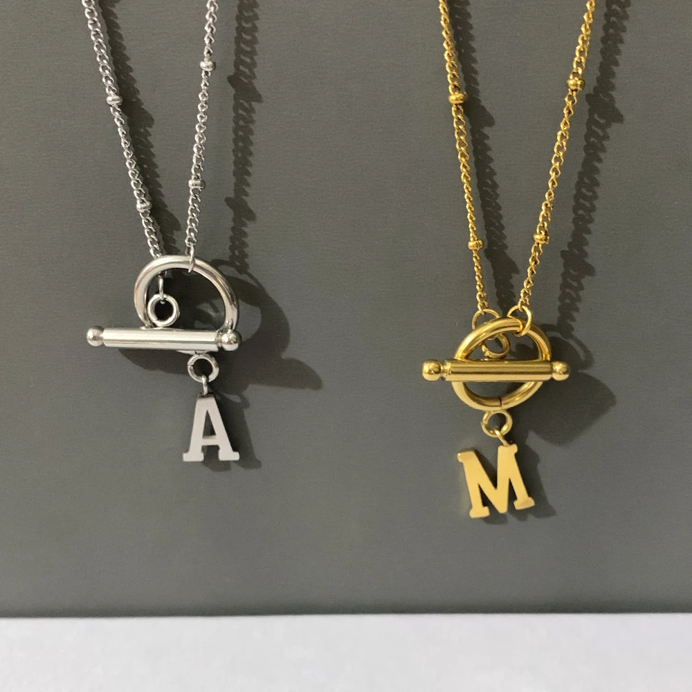 DIY Vintage OT A-Z Initial Capital Letter Name Charm Necklace for Women Simple Gold Color Beaded Chains Clavicle Choker Collar