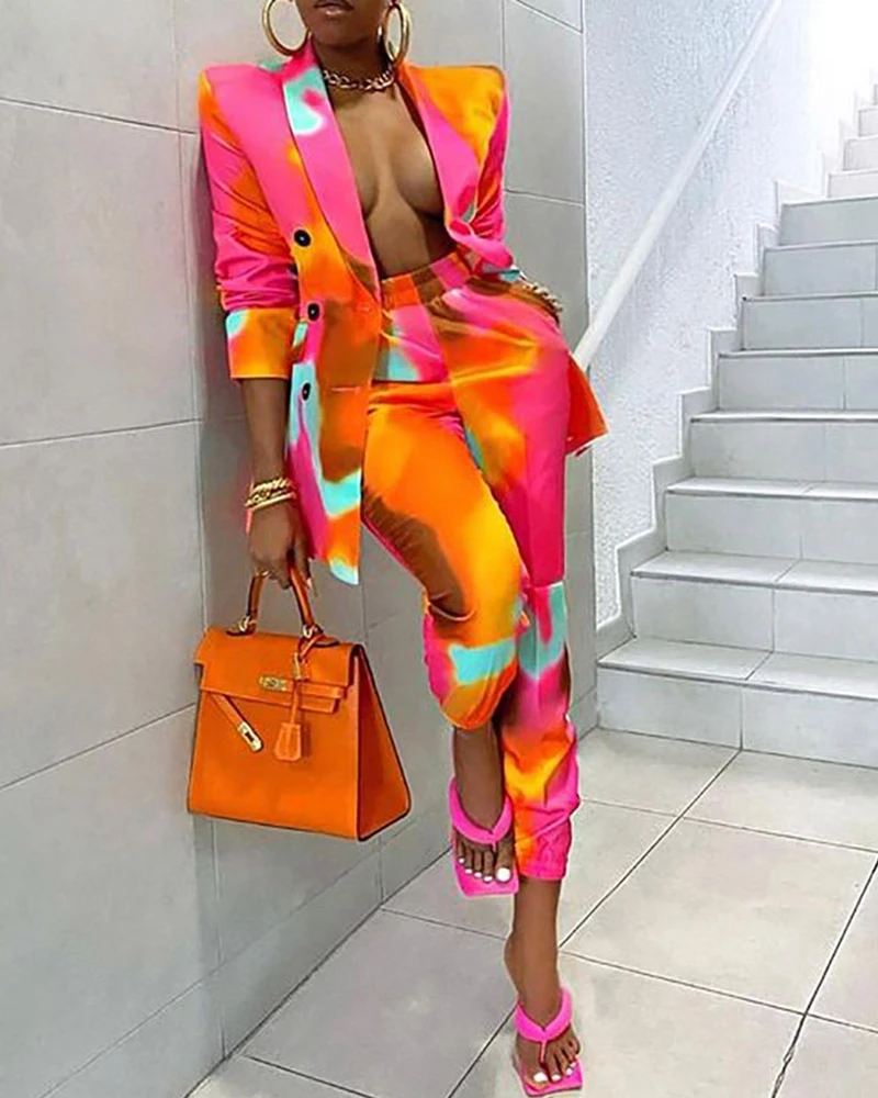 STYLISH LADY Printed Two Piece Set Women Long Sleeve Notched Blazer and Long Pant Set 2024 Autumn Elegant OL 2 Piece Blazer Set